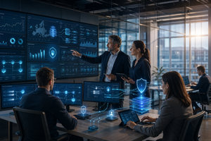 Abstract view of governed AI agents, secure data flows and human oversight in a modern European business operations environment