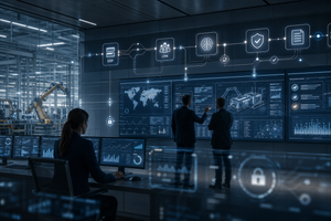 Abstract control room visualization of governed AI agents connecting business systems with human oversight for European SMEs