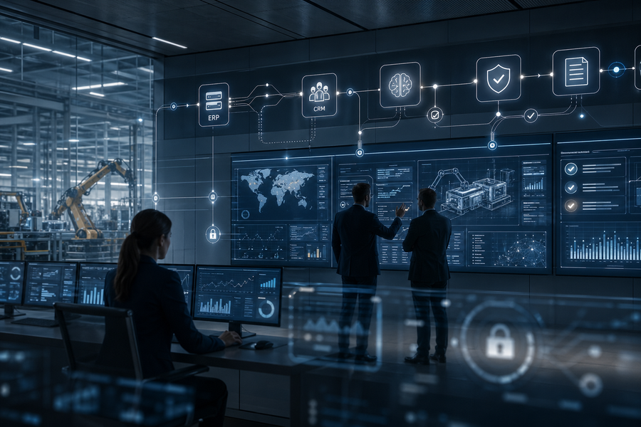 Abstract control room visualization of governed AI agents connecting business systems with human oversight for European SMEs